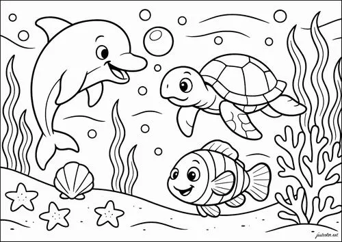 Một bạn rùa biển đang thong thả bơi lội cùng các bạn cá nhỏ giữa không gian hệ sinh thái dưới nước yên bình và tràn đầy nắng ấm.