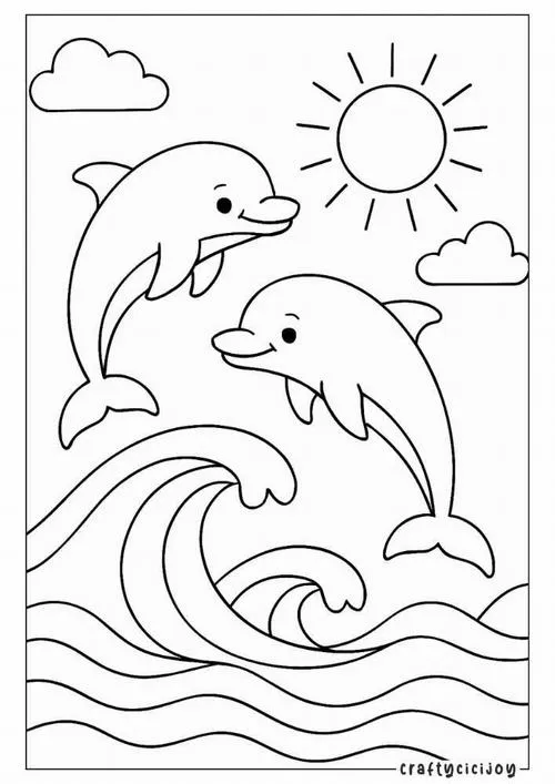 Tranh tô màu hai chú cá heo đang vui vẻ nhảy lên khỏi những con sóng nhấp nhô dưới ánh mặt trời rạng rỡ của hệ sinh thái biển bao la.