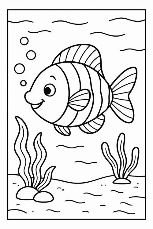 Chú cá vằn với những sọc ngang trên cơ thể đang tò mò quan sát xung quanh bãi cát trắng đầy những chiếc vây cá nhỏ xinh xắn.