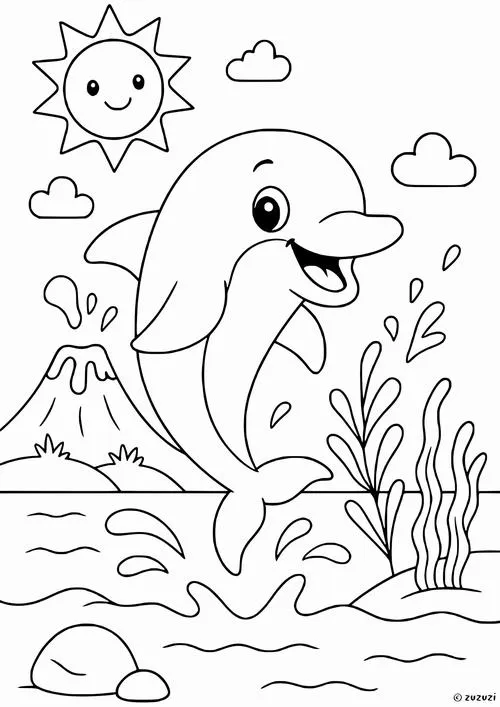 Tranh tô màu một bạn cá heo đang nô đùa giữa những con sóng biển nhấp nhô mang theo hơi thở của thủy tộc đại dương vô cùng tươi mát.