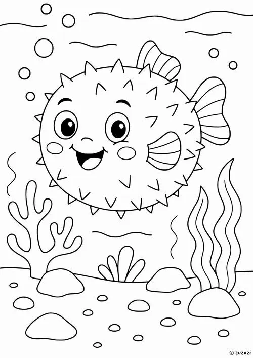 Chú cá nóc tròn xoe với những cái gai nhỏ trên lưng trông thật đáng yêu khi đang ẩn nấp gần rạn san hô xinh đẹp rực rỡ.