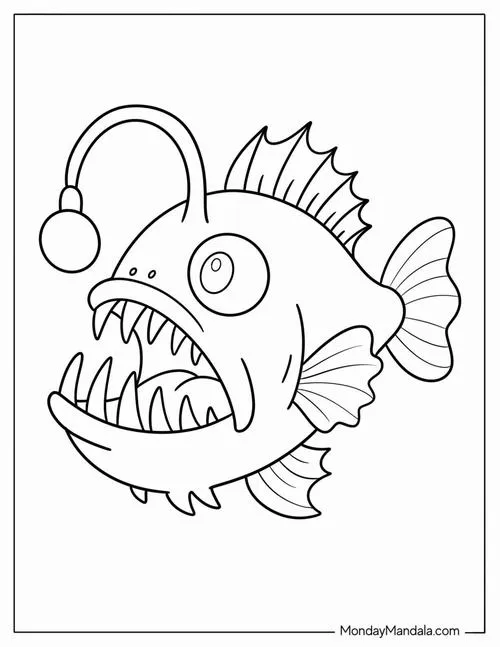 Bức ảnh loài cá lồng đèn với chiếc cần câu phát sáng trên đầu đang rình rập con mồi trong lòng đại dương tối tăm cho trẻ 4 tuổi.