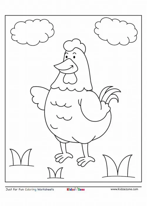 Một chú gà đứng vững chãi giữa cánh đồng có những bụi cỏ nhỏ và bầu trời đầy mây trôi tạo nên một bức tranh thiên nhiên rất khoáng đạt.