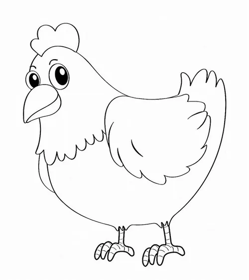 In trang tập tô màu cô gà mái đứng nghiêm trang với bộ lông mượt mà và ánh nhìn hiền từ như đang quan sát mọi thứ quanh chuồng gà.