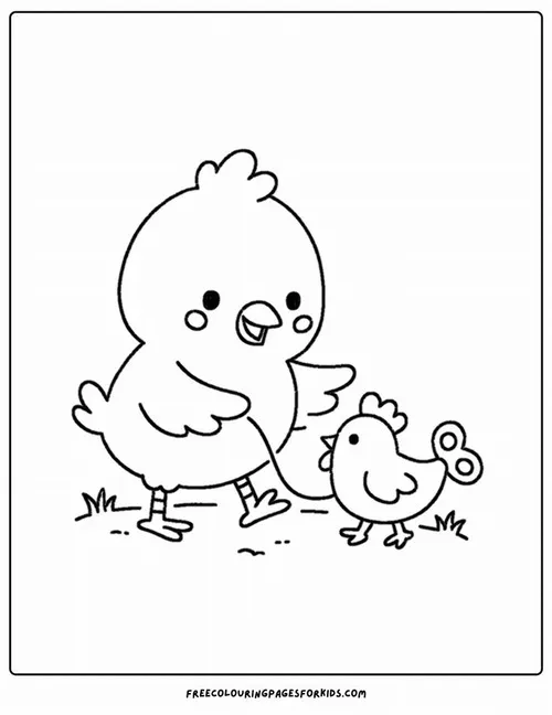 Một gia đình nhỏ gồm gà mẹ và hai chú gà con đang quây quần bên nhau với những nét vẽ hài hòa tạo nên cảm giác vô cùng ấm cúng.