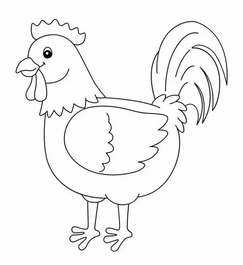 Tranh tô màu gà trống đứng uy nghi với bộ đuôi dài uốn lượn và chiếc cựa gà sắc nhọn lộ rõ ở phía sau đôi chân chắc nịch.