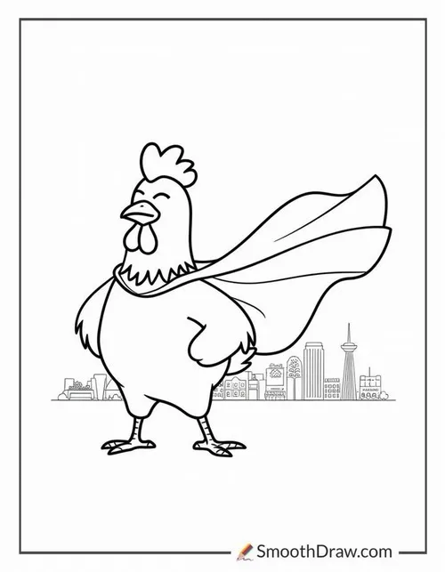 Một chú gà nhà hóa thân thành siêu nhân với chiếc áo choàng bay phất phơ đứng dõng dạc giữa phố phường sầm uất cho trẻ 3 tuổi.