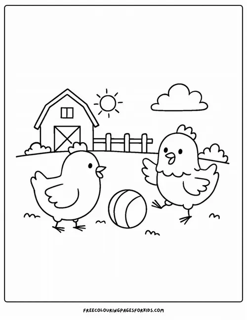 Tải hình tô màu hai chú gà con đang vui đùa rộn ràng bên cạnh quả bóng nhỏ phía trước ngôi nhà kho ở trang trại xa xôi nào đó.