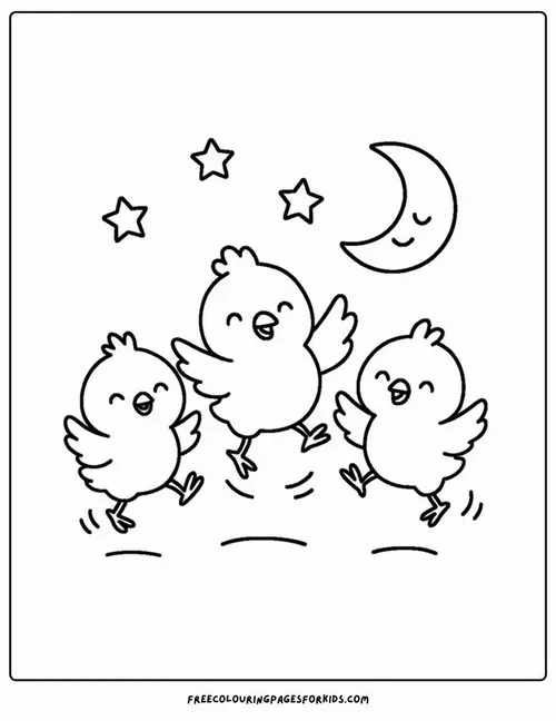In trang tập tô màu ba chú gà con nhảy múa dưới ánh trăng khuyết và những ngôi sao lấp lánh tạo nên một khung cảnh huyền ảo cho bé 4 tuổi.