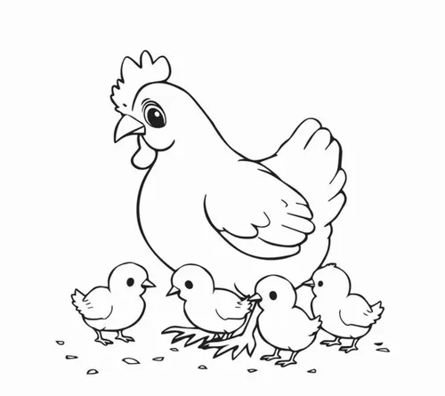 Tải hình tô màu gà mẹ đang ân cần dắt đàn gà con líu ríu đi kiếm ăn trong vườn tạo nên một khung cảnh gia đình rất ấm áp.