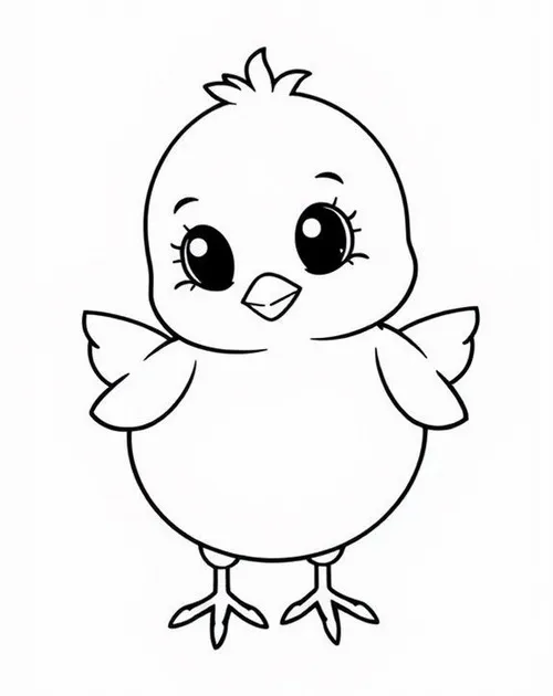 Một chú gà con tinh nghịch đang giơ cánh chào với nụ cười rạng rỡ và đôi chân bé xíu đứng vững trên mặt đất cho trẻ 3 tuổi.