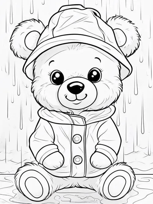 Bé gấu nhỏ mặc bộ áo mưa kín mít đi ủng nhựa đứng dưới trời mưa phùn với gương mặt tròn trịa và mập mạp dễ thương.