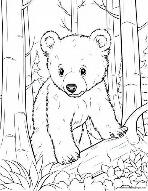 In trang tập tô màu chú gấu lững thững dạo bước trong rừng sâu với vẻ mặt điềm tĩnh và bộ lông dày dặn đặc trưng.