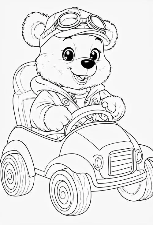 Hình ảnh chú gấu năng động đang tự tin lái chiếc xe hơi mui trần nhỏ xíu đi dạo chơi quanh thị trấn trong ánh nắng ban mai.