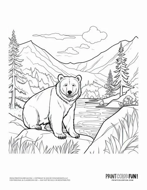 Mẫu vẽ con gấu nhỏ đang đứng một mình giữa núi non trùng điệp với ánh mắt tràn đầy sự tò mò về thế giới hoang dã xung quanh.