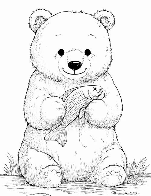 Chú gấu trắng đáng yêu đang ngồi bệt trên mặt đất dùng đôi tay ôm lấy một chú cá hồi tươi rói vừa bắt được dưới suối.