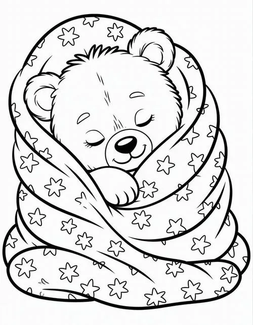 Bé gấu nhỏ đang cuộn mình tròn xoe chìm vào giấc ngủ say nồng bên trong chiếc chăn ấm áp có họa tiết ngôi sao lấp lánh.