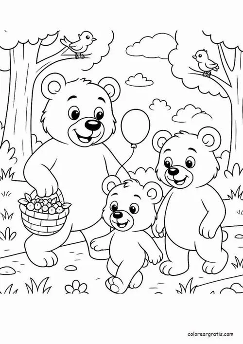 Cả ba chú gấu con cùng nhau dắt tay nhau đi dạo dưới bầu trời đầy mây và những tán cây rừng xanh mướt trải dài.