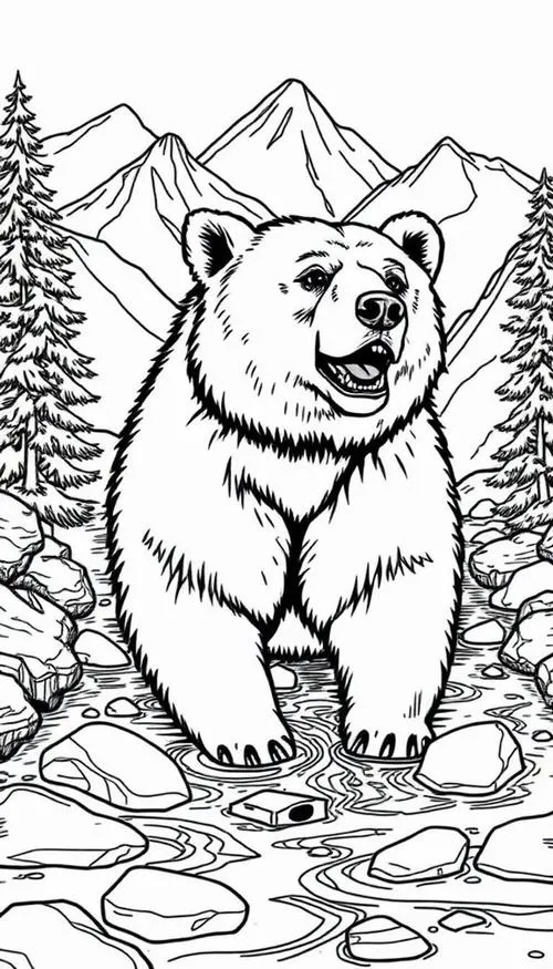 Tranh tô màu chú gấu đứng bên dòng suối trong rừng già tĩnh lặng với ánh mắt hiền hòa nhìn về phía xa xăm.
