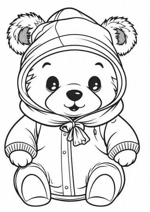 Bản thảo gấu rừng nhỏ mặc áo khoác hoodie ấm áp và đội mũ len sụp xuống đôi tai tròn xoe trông vô cùng ngộ nghĩnh.