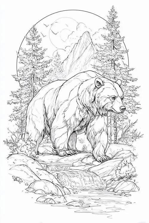 Chú gấu nâu to lớn đang lững thững bước đi giữa những gốc cây đại thụ xù xì tạo nên một khung cảnh thiên nhiên hùng vĩ.