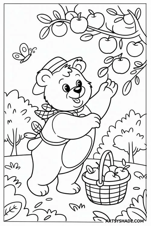 Tải hình tô màu chú gấu nhỏ đang chăm chỉ hái những quả táo chín mọng trên cành cao bỏ vào chiếc giỏ mây xinh xắn.