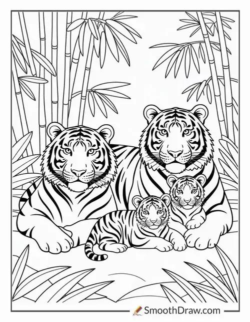 Tải hình tô màu cặp đôi hổ song sinh đang ngồi sát bên nhau giữa rừng tre xanh ngắt mang đến cảm giác về một bầy đàn gắn kết.