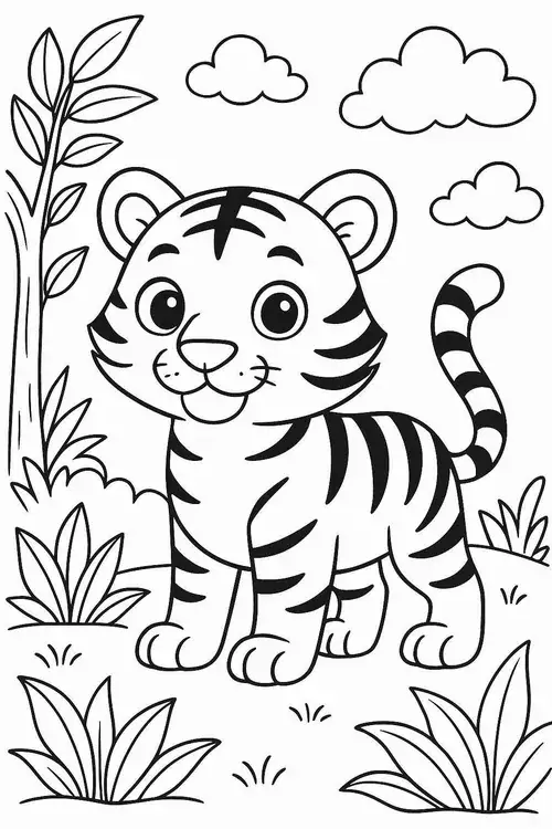 In trang tập tô màu nhân vật cọp hoạt hình có cái đầu to ngộ nghĩnh và biểu cảm cười tươi tắn giúp trẻ học cách phối màu cam.