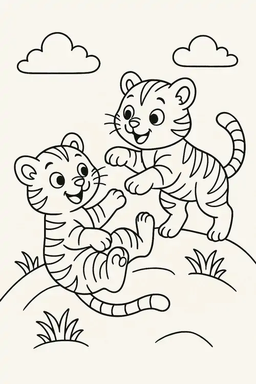 Hai bạn hổ nhỏ đang cùng nhau nô đùa dưới bầu trời đầy mây và những cánh bướm dập dìu bên cạnh những khóm hoa rừng sắc màu.