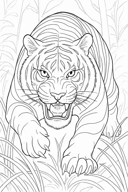 Một chú cọp có gương mặt to tròn đang nhìn thẳng vào người xem với những nét vẽ rõ ràng về bộ râu trắng và đôi tai tròn xoe.