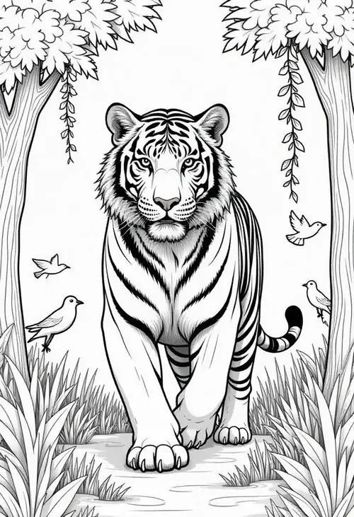 Hình ảnh chúa sơn lâm đang dạo bước thong dong trên con đường mòn trong rừng sâu giúp các bạn nhỏ nhận biết về thân hình vạm vỡ.