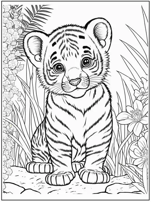 Một chú hổ con vô cùng đáng yêu đang ngồi giữa những bông hoa nở rộ giúp bé rèn luyện kỹ năng ngụy trang cơ bản qua màu sắc.