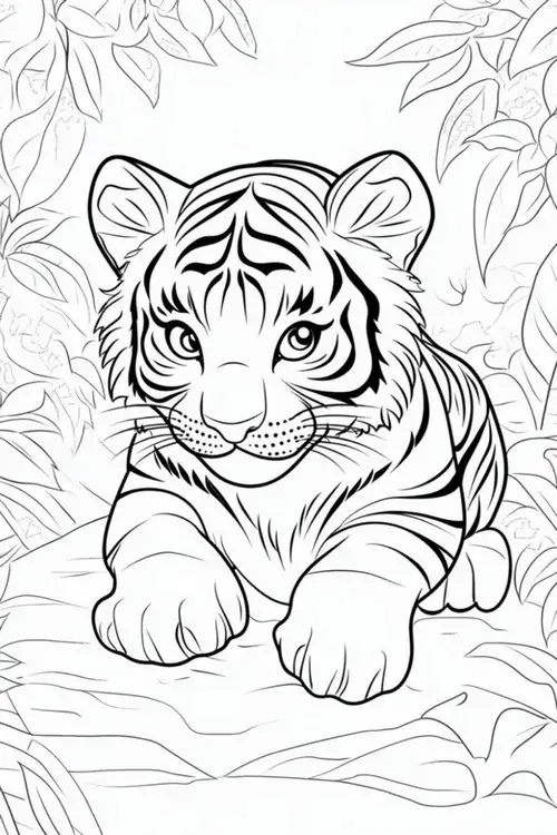 Hình ảnh em hổ nhỏ nằm cuộn tròn trên nền cỏ xanh mướt trông hiền lành và gần gũi như một người bạn nhỏ trong giới động vật cho trẻ 4 tuổi.