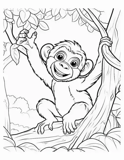 Chú khỉ đu một tay vào cành cây với tư thế mạnh mẽ thể hiện rõ sức mạnh của cơ bắp khỉ khi di chuyển linh hoạt trên không.