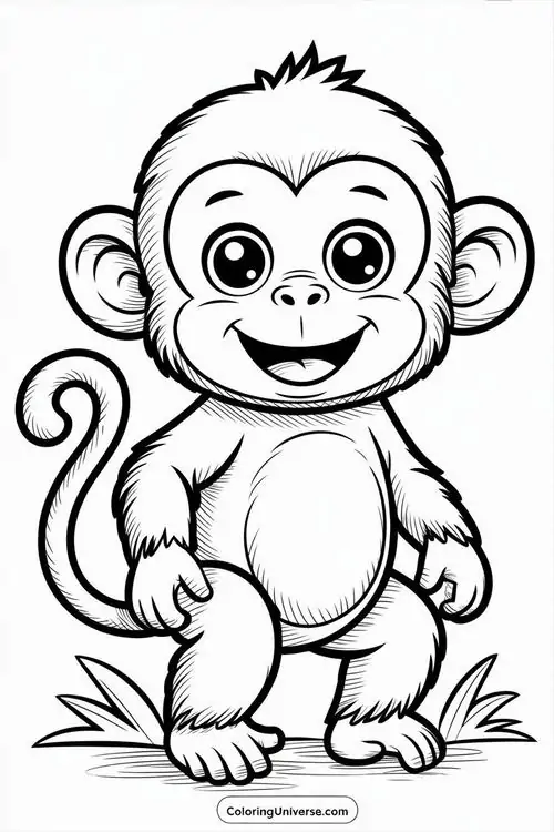 In trang tập tô màu chú khỉ con đứng thẳng vẫy tay chào với khuôn mặt thân thiện là một nhân vật con tào dễ thương nhất rừng.