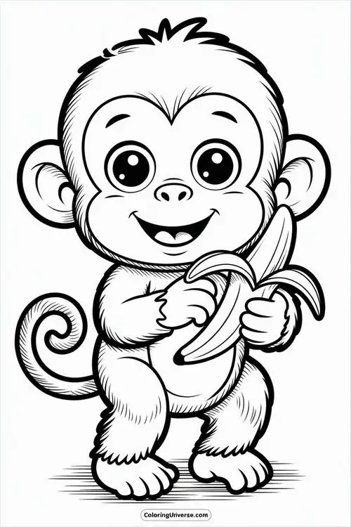 Mẫu tranh tô màu chú khỉ nhỏ say sưa ôm chặt trái chuối vàng tươi thể hiện rõ thức ăn chủ yếu đầy dinh dưỡng của loài mình.