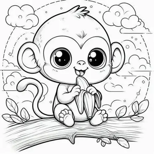 Chú khỉ con thong dong ngồi bệt dưới đất gặm mẩu chuối nhỏ với ánh nhìn tò mò về phía những gốc cây cổ thụ phía xa.