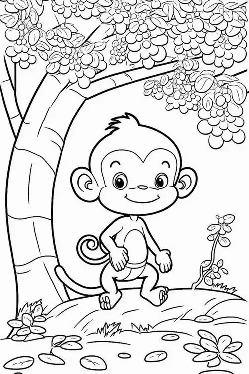 Tranh tô màu chú khỉ nhỏ ngồi hiền lành trên khúc gỗ mục giữa rừng già xanh mướt với biểu cảm ngây ngô và đôi mắt to tròn long lanh.