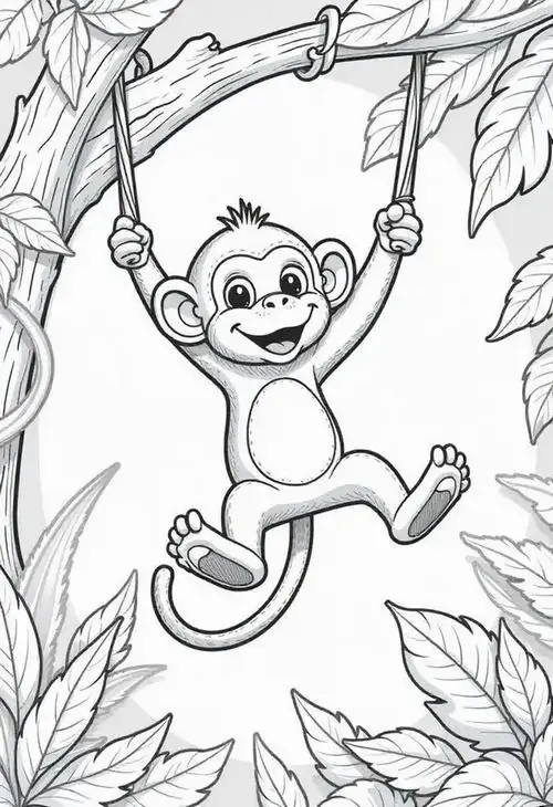 Chú khỉ con đu mình uyển chuyển trên sợi dây leo giữa rừng thẳm thể hiện khả năng leo trèo điêu luyện với nụ cười đầy phấn khích.