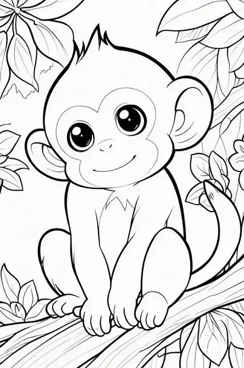 Trang tập tô màu chú khỉ có khuôn mặt bầu bĩnh đang ngồi thong thả trên cành cây cổ thụ quan sát môi trường sống cho bé 3 tuổi.