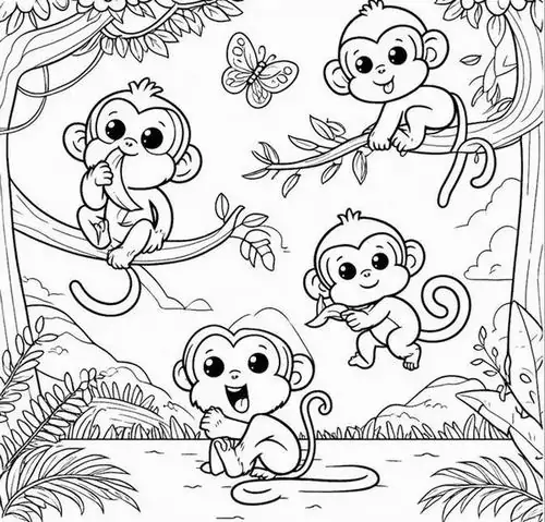 Tải hình tô màu gia đình nhà khỉ đang quây quần bên nhau đầm ấm trong hốc cây gợi lên tình cảm gắn bó của những thực thể sống.