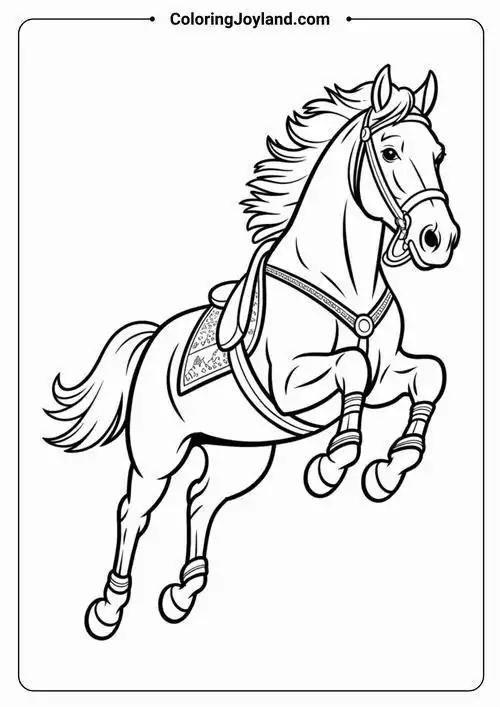 Ngựa chiến dũng mãnh đứng bằng hai chân sau trong tư thế nước kiệu đầy uy lực là mẫu tranh tập tô hoàn hảo để bé rèn luyện tập trung.