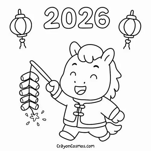 Chú ngựa nhỏ mặc trang phục truyền thống đốt pháo hoa chào xuân tạo nên không khí rộn ràng cho tranh nét con ngựa đầy màu sắc lễ hội.