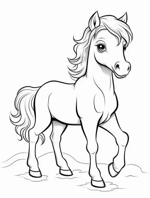 In trang tập tô màu chú ngựa đứng hiên ngang phô diễn bộ móng guốc chắc khỏe và cái đuôi dài thướt tha giữa khung cảnh đồng quê oai phong.