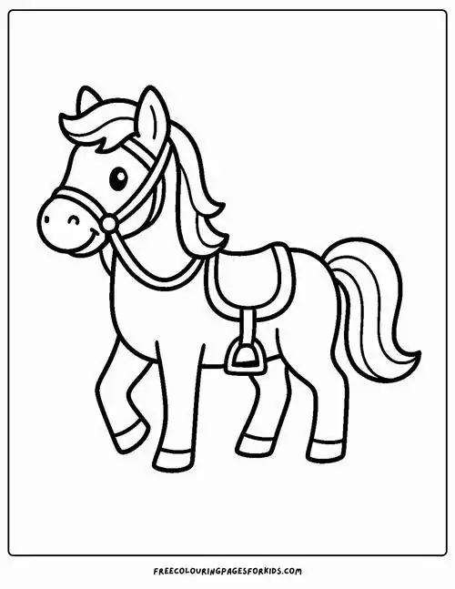 Ngựa chiến mang yên cương sẵn sàng cho chuyến hành trình dài với ánh mắt kiên định là tài liệu tô màu con ngựa giúp bé học cách kiên trì.