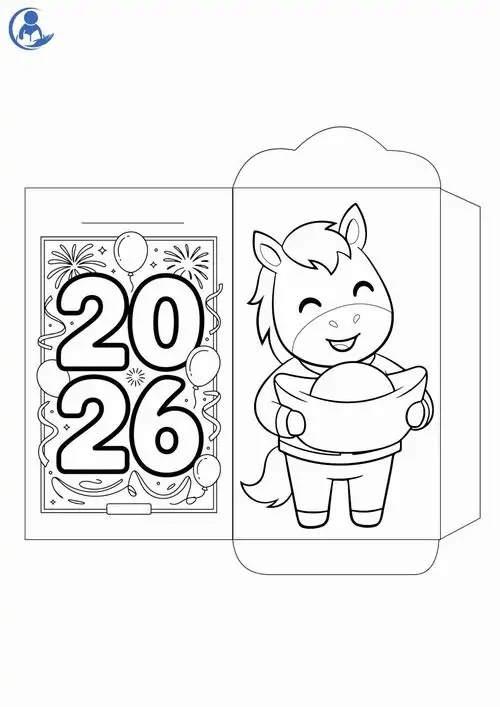 Bé ngựa con cầm bao lì xì mừng năm mới 2026 với biểu cảm hớn hở làm sinh động thêm bản vẽ tuấn mã mang hơi thở Tết cho bé 5 tuổi.