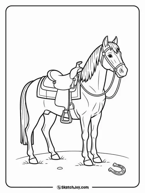 Ngựa con được trang bị yên ngựa chỉnh tề đang đứng chờ đợi chủ nhân trong mẫu tô màu ngựa có đường nét phác họa rõ ràng và sắc nét.