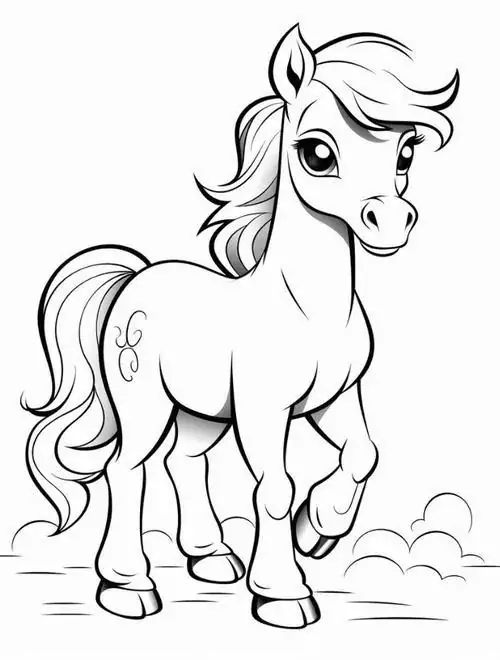 Mẫu tranh tô màu bé ngựa có mái tóc bồng bềnh và đôi mắt biết nói tạo nên một tranh phác thảo loài ngựa xinh xắn cho trẻ 6 tuổi.