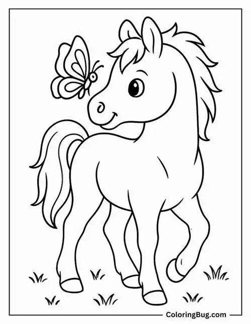 Chú ngựa nhỏ đang vui đùa cùng một chú bướm nhỏ đậu trên mũi làm cho hình họa ngựa trở nên mềm mại và tràn đầy sức sống trẻ thơ.