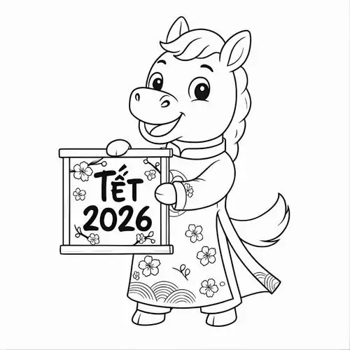 Tranh tô màu chú ngựa nhỏ mặc áo dài cầm bảng chúc mừng năm mới 2026 cực kỳ đáng yêu bên cạnh bao lì xì và mẫu vẽ tuấn mã cách điệu.